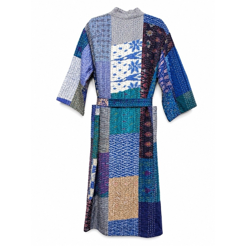 Vintage Silk Kantha Patchwork Robe Handmade Quilted Kimono Belted One Size - Picture 4 of 10
